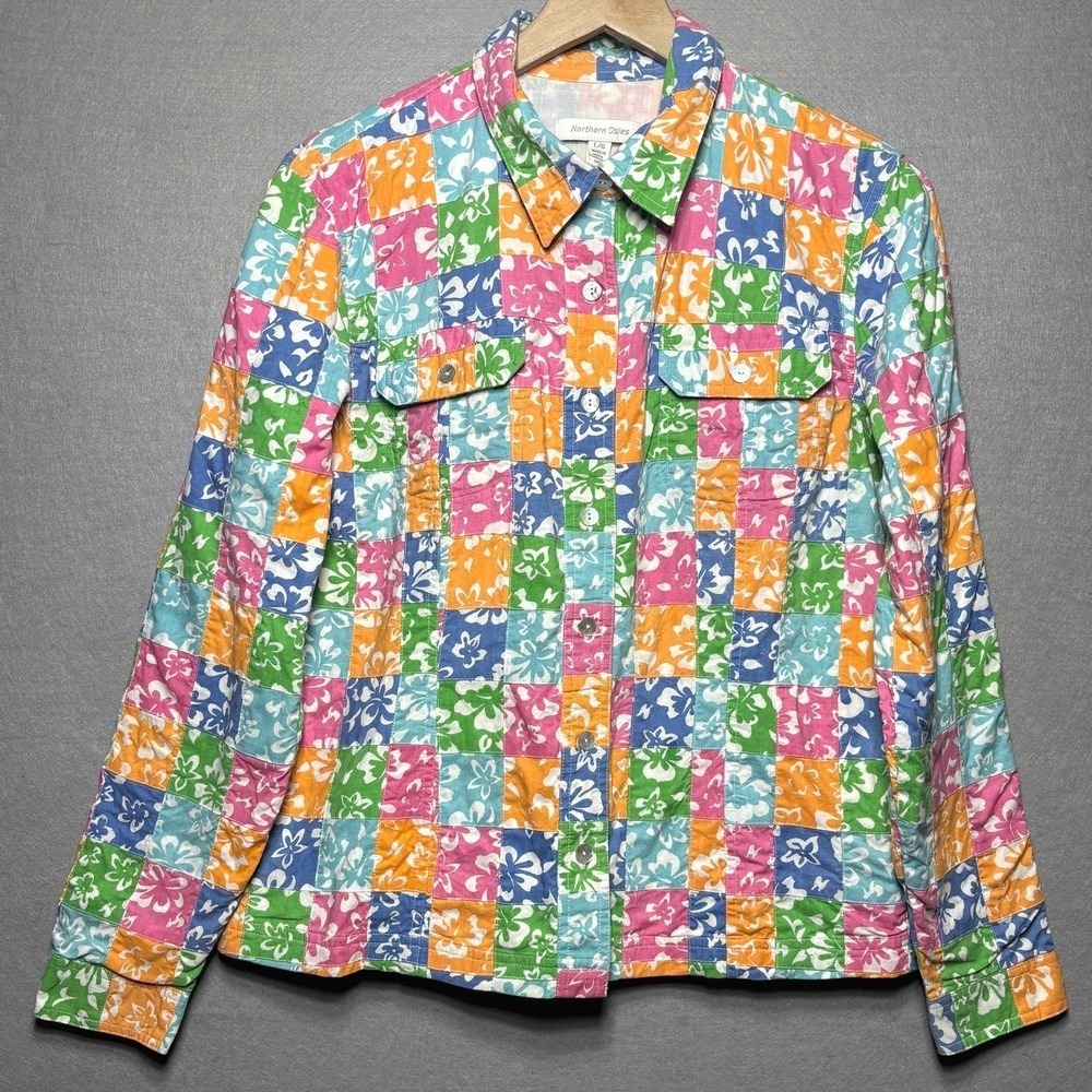 Northern Isles Shirt Jacket Womens L Patchwork Floral Cotton Button Front